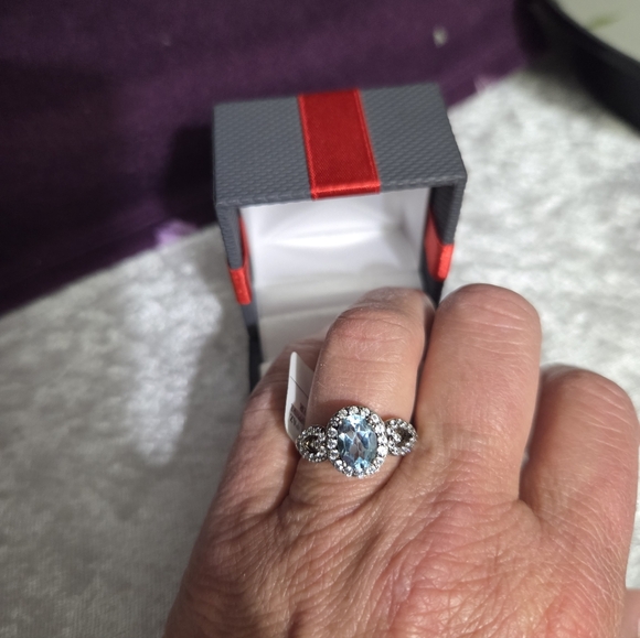 Blue Topaz Sterling Silver Ring With Lab Created White Sapphires - Picture 2 of 10